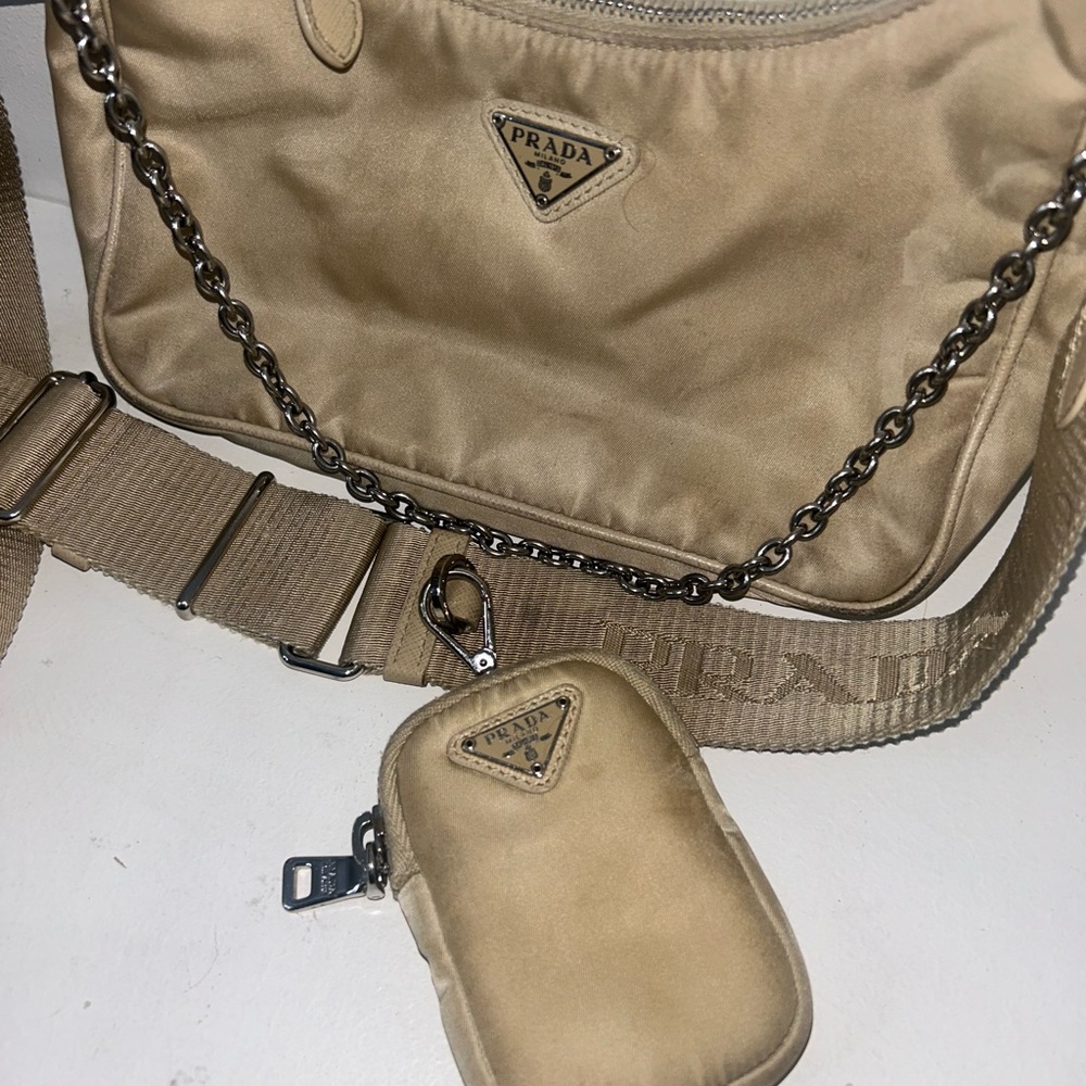 Prada Beige Nylon Shoulder Bag with Chain Strap - Picture 3 of 5